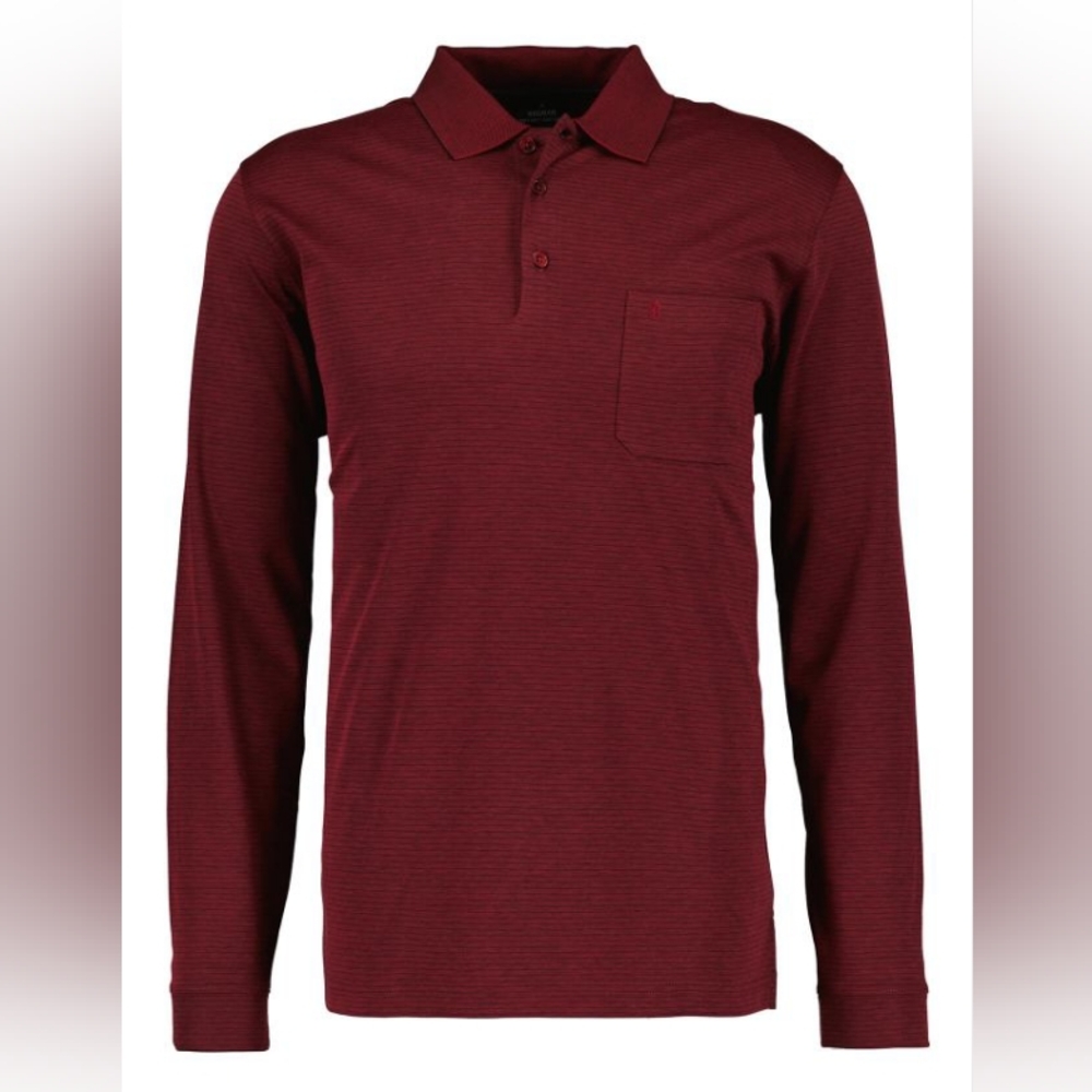 Ragman Men's Burgundy Long Sleeve Polo Shirt With Thin Black Horizontal Strips M